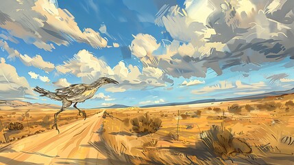 A Roadrunner, a Bird, Dashing Across a Desert Road with Cartoonish Speed