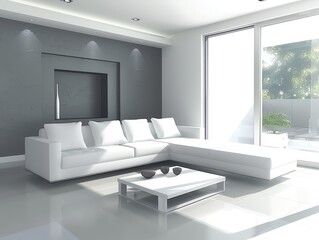 A stylish and contemporary living room featuring a modern white sofa set, large windows providing natural light, and minimal decor