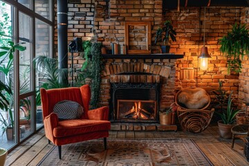 A warm, comfy interior with a vibrant red armchair, a lit fireplace, and abundant greenery against rustic brick walls