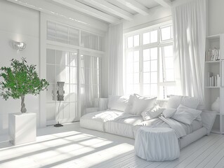 A serene all-white contemporary living room featuring comfy couches, large windows, and a potted plant accent