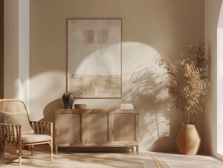 A minimalist interior with wicker chair and sideboard casting shadows