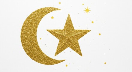 Glittering Gold Star and Crescent Moon Illustration on White Background
