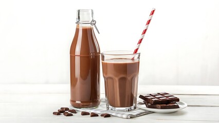 A glass and bottle of a chocolate smoothie with straw