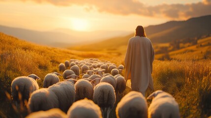 Jesus, the Shepherd: Leading His Flock in Serene Meadow with Faith and Care - Biblical Illustration on Beige Background with Copyspace