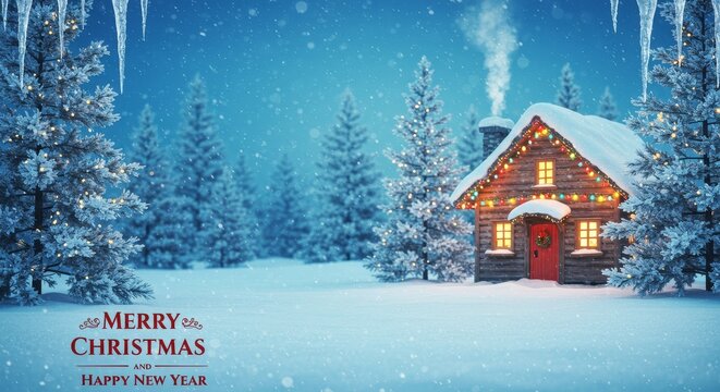 Festive Christmas Scene Digital Illustration Of Snowy Cabin with Lights and Trees
