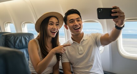 Happy Asian Couple Taking A Selfie Photo Inside An Airplane During The Flight