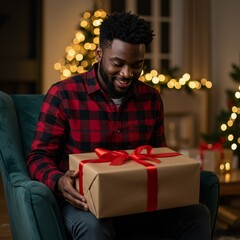 Happy Black Man Holding Christmas Gift In Warmly Lit Living Room Photo