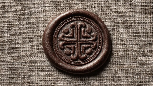 Brown wax seal with embossed Celtic knot design, on linen texture background, symbolizing authenticity, heritage, and tradition