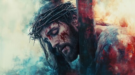 Obraz premium Sacrificial Jesus Christ Carrying Cross in Serene Watercolor Painting of Spirituality