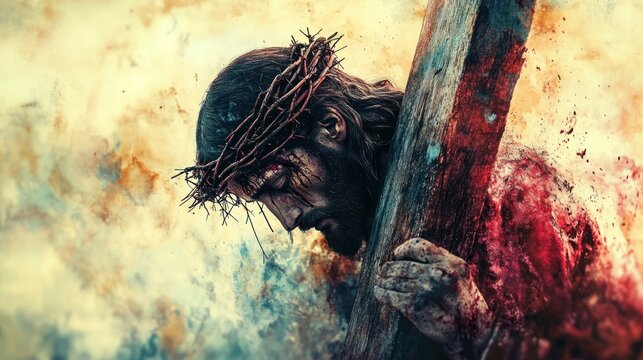 Sacrificial Jesus Christ Carrying Cross in Serene Watercolor Painting of Spirituality