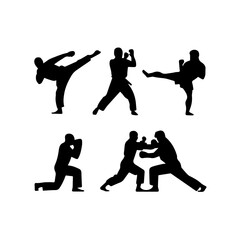 Silhouettes of men and women performing martial arts moves and fighting stances, captured mid-action to emphasize strength, technique, and discipline on a white background.