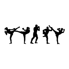 Silhouettes of men and women performing martial arts moves and fighting stances, captured mid-action to emphasize strength, technique, and discipline on a white background.