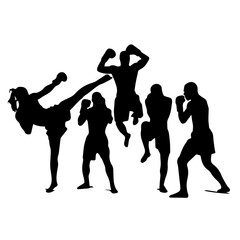 Silhouettes of men and women performing martial arts moves and fighting stances, captured mid-action to emphasize strength, technique, and discipline on a white background.