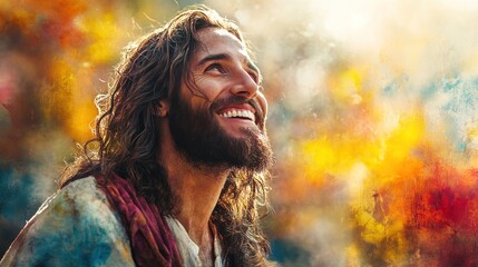 Smiling Jesus Christ Watercolor Portrait, Lion of Judah, Lamb of God, Divine Religious Art, Christian Faith, Spiritual Savior, Biblical Icon