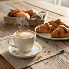 Steaming Cappuccino with Croissants on Rustic Wood, Coffee, Breakfast