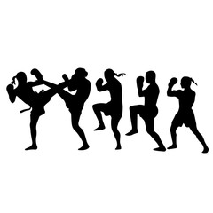 Silhouettes of men and women performing martial arts moves and fighting stances, captured mid-action to emphasize strength, technique, and discipline on a white background.