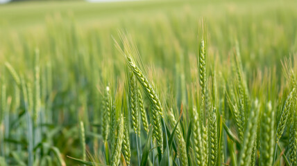 A close-up photograph of green wheat stalks in a field, shot with a shallow depth of field .