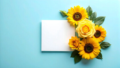 黄色いバラとひまわり。水色の背景。父の日。Yellow roses and sunflowers. Light blue background. Father's Day.