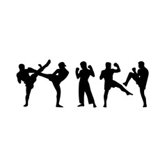 Silhouettes of men and women performing martial arts moves and fighting stances, captured mid-action to emphasize strength, technique, and discipline on a white background.