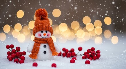 Festive Snowman With Orange Hat And Scarf In Snow With Bokeh Background
