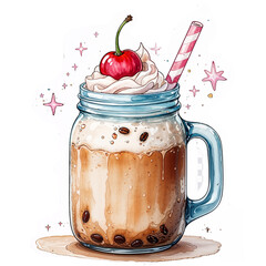 "Whimsical Iced Coffee with Whipped Cream and Cherry in Mason Jar – Cute Watercolor Style"

