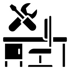 Workplace Skills - Glyph Black Fill Silhouette Icon - Office desk with tools above, depicting essential skills needed in a real-world work environment