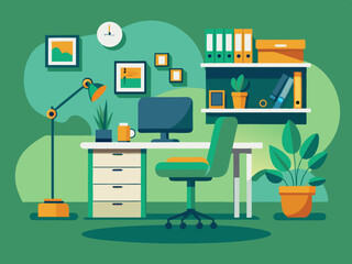 A flat design illustration of a modern office space with a minimalist interior design