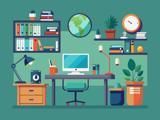 A flat design illustration of a modern office space with a minimalist interior design