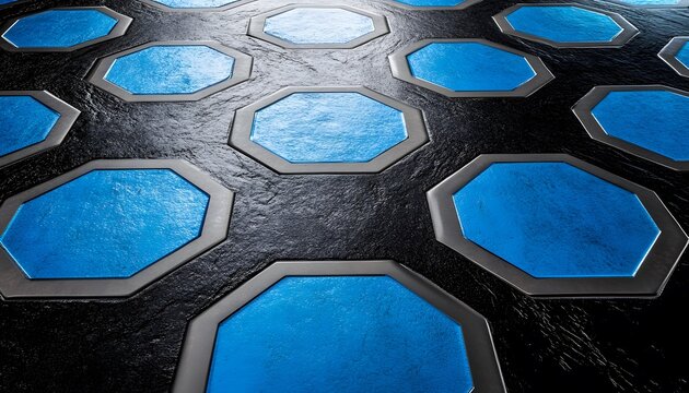 Geometric octagonal pattern with blue and dark gray accents.