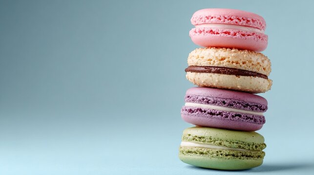 Stack of four colorful macarons on a light-blue background, showcasing pastel hues and delicate texture, ideal for food blogs or bakery advertisements, free space for text