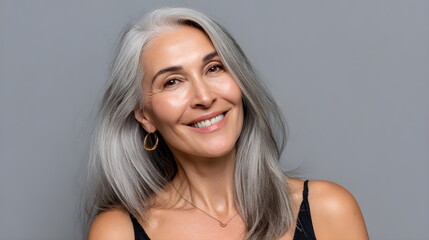 Close up smiling woman with gray hair looking happy. Portrait of mature female with natural silver hair. Beauty care concept.