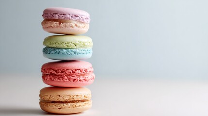 Stack of pastel-colored macarons, showcasing delicate texture and vibrant hues, representing sweetness, elegance, and French patisserie, ideal for food blogs or bakery websites