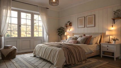 A peaceful bedroom setting with soft linens and gentle natural light, perfect for themes of rest, comfort, and relaxation.