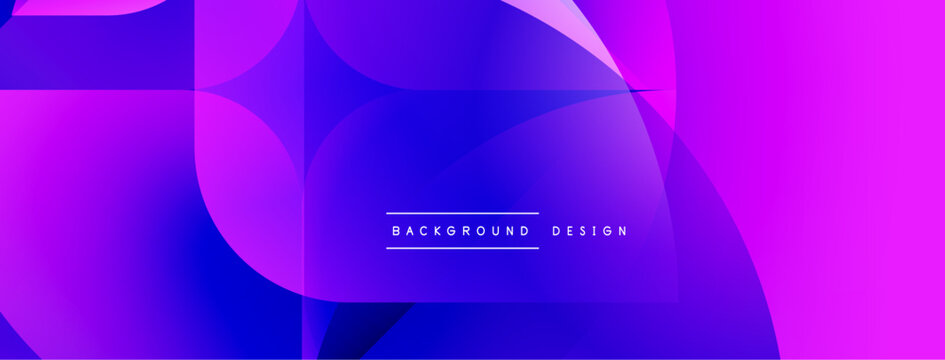 Abstract background features overlapping shapes, vibrant purple hues, smooth gradients. Modern design elements create dynamic visual impact.