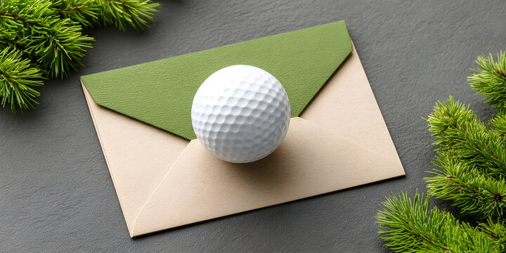Golf ball on open envelope with green pine branch. Holiday greeting for golfer or golf club during Christmas season. Winter sport invitation. National Golf Month celebration in August