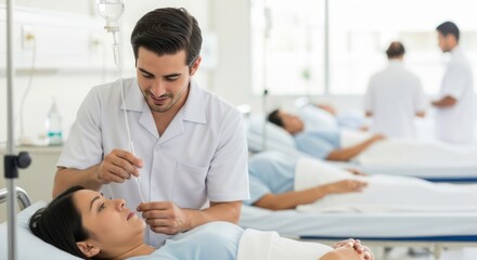Fototapeta premium Healthcare worker setting up an IV drip for a female patient in hospital