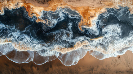 Aerial top view of sea and rocks, ocean blue waves crashing on shore, concept of nature, water, satellite picture