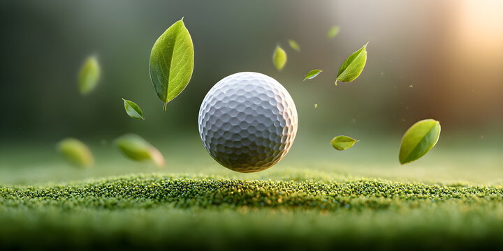 Golf ball and green leaves floating over a golf field. Natural golf concept for sport and leisure. Eco friendly recreation. National Golf Month celebration in August - Powered by Adobe