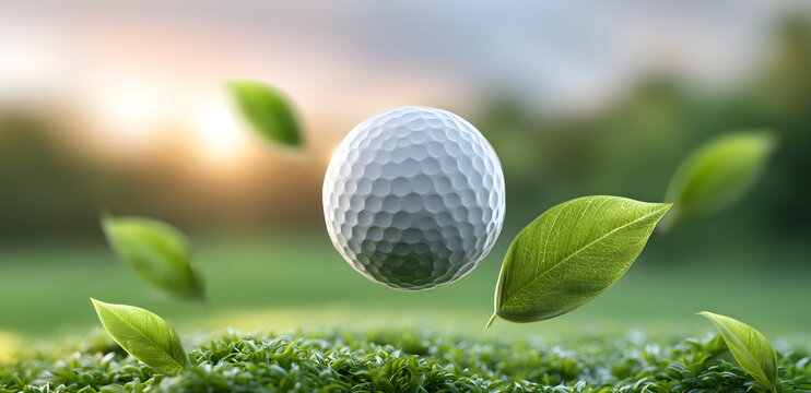 Golf ball and green leaves floating over a golf field. Natural golf concept for sport and leisure. Eco friendly recreation. National Golf Month celebration in August - Powered by Adobe