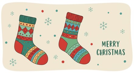 Illustration Of Two Festive Christmas Socks With Snowflake Accents And Merry Christmas Text