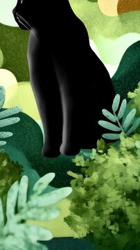 Elegant black cat illustration in stylized, vibrant green and brown jungle foliage background.