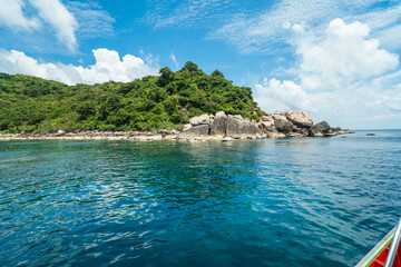 Fototapeta premium View of the island from the boat, rocks and islands during the day, summer travel