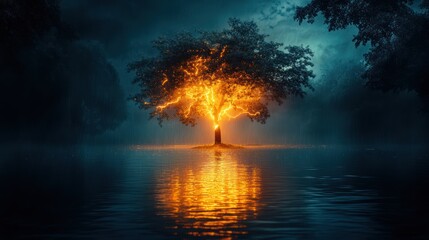 Fiery tree lake fantasy mystical night art design