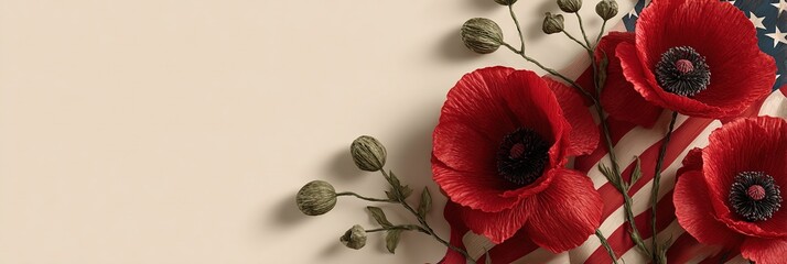 
"Website hero image - US flag with red poppies on clean white background"

