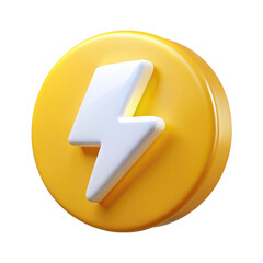 3D Lightning Bolt Icon with Yellow Circular Base, Energy and Power Symbol, isolated on transparent white background, clipping path