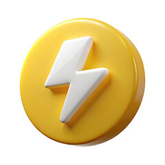 3D Lightning Bolt Icon with Yellow Circular Base, Energy and Power Symbol, isolated on transparent white background, clipping path