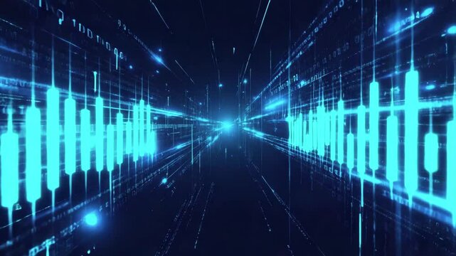 abstract blue background fin tech data a futuristic financial data visualization with glowing blue candlestick charts, interconnected lines, and flowing data streams 