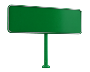 Blank Green Rectangular Sign with Metallic Border on Green Pole, PNG