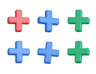 Obraz premium Six colorful plus symbols, three across two rows, in shades of red, blue, and green