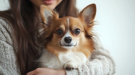 Playful_Pose_: A woman sitting with a small dog on her lap, gently petting it, against a white background. 
